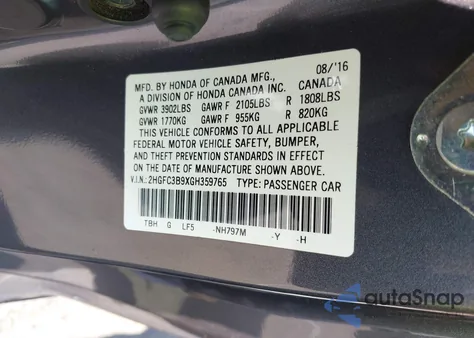 2016 Honda Civic Touring z USA, uszkodzony, nr VIN 2HGFC3B9XGH359765